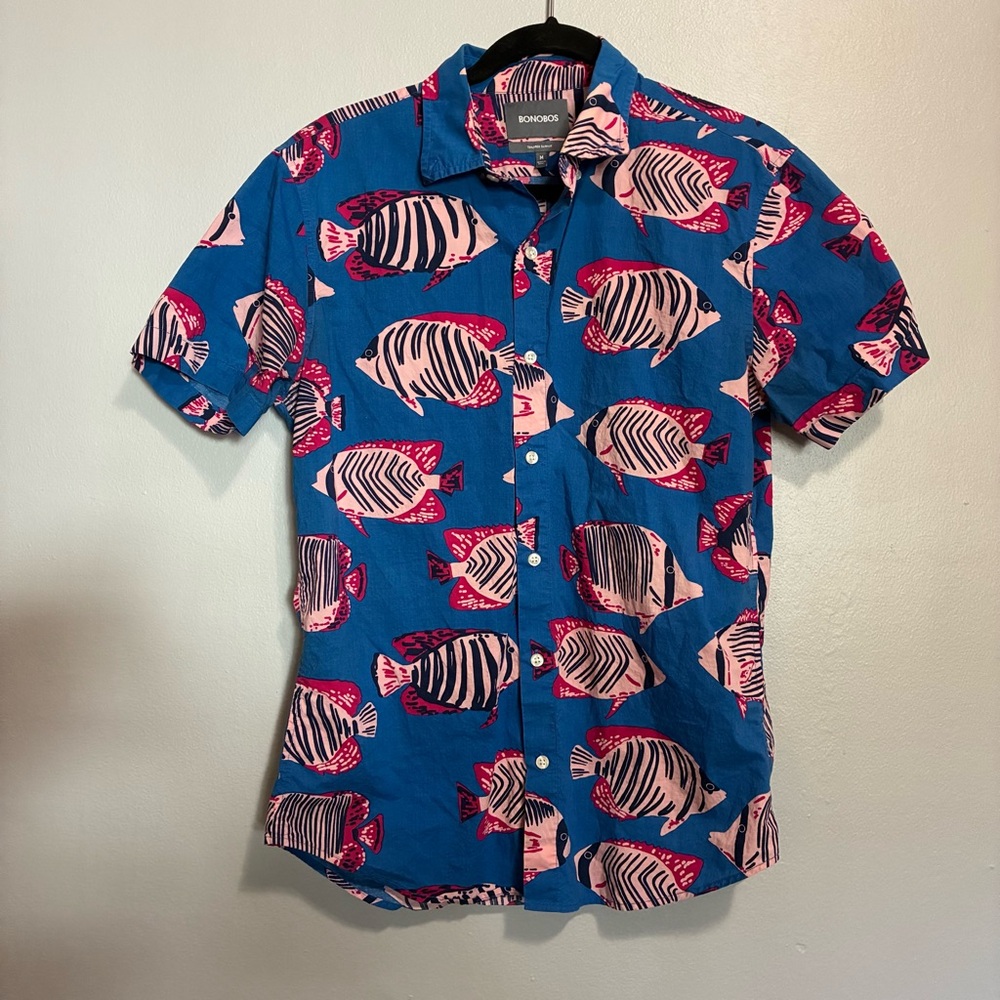Bonobos Blue Fish Print Button Down Shirt Men’s Medium 100% Cotton